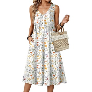 Zeagoo Women Summer Casual Dresses 2026 Sleeveless Midi Pleated Tank Sundress with Pockets V Neck A Line Swing Tshirt Dress(White Floral)