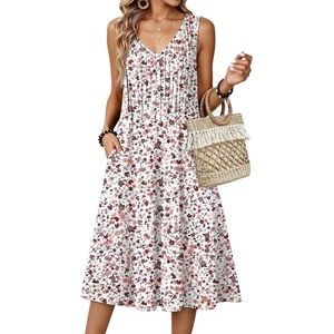 Zeagoo Women Summer Casual Dresses 2026 Sleeveless Midi Pleated Tank Sundress with Pockets V Neck A Line Swing Tshirt Dress(White Print)