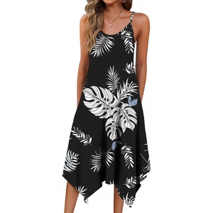 Zeagoo Women Summer Midi Dresses 2026 Hawaiian Bohemian Beach Cover Up Sundress Spaghetti Strap Casual Dress with Pockets(Black Leaf)