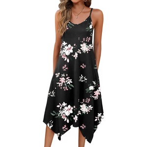 Zeagoo Women Summer Midi Dresses 2026 Hawaiian Bohemian Beach Cover Up Sundress Spaghetti Strap Casual Dress with Pockets(Floral Black)