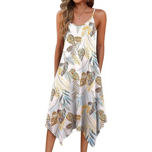 Zeagoo Women Summer Midi Dresses 2026 Hawaiian Bohemian Beach Cover Up Sundress Spaghetti Strap Casual Dress with Pockets(Leaf)