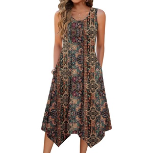Zeagoo Womens Casual Dress for Summer Tank Dress Loose Flowy Beach Dress with Pockets Hankerchief Flare Midi Sundress 2026(Brown Mz721)