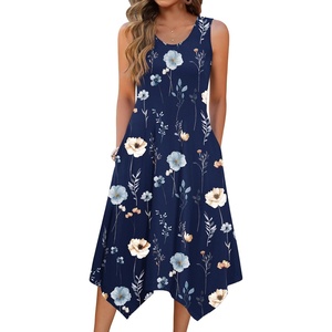 Zeagoo Womens Casual Dress for Summer Tank Dress Loose Flowy Beach Dress with Pockets Hankerchief Flare Midi Sundress 2026(Navy Bf318)
