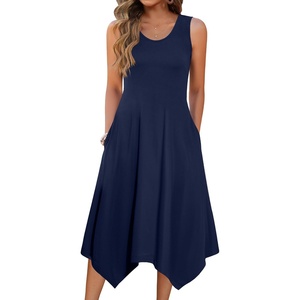 Zeagoo Womens Casual Dress for Summer Tank Dress Loose Flowy Beach Dress with Pockets Hankerchief Flare Midi Sundress 2026(Solid Navy)
