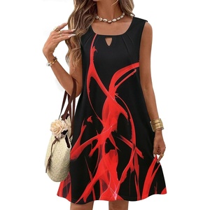 Zeagoo Womens Casual Summer Dresses 2025 Boho Sleeveless Sundresses with Pockets Pleated Beach Floral T Shirt Dresses(Black Red-printed)