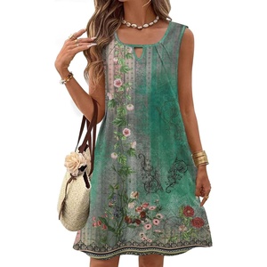 Zeagoo Womens Casual Summer Dresses 2025 Boho Sleeveless Sundresses with Pockets Pleated Beach Floral T Shirt Dresses(Green-printed)