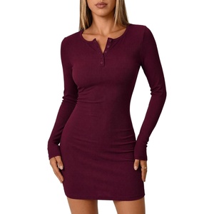 Zeagoo Womens Long Sleeve Sweater Dress 2026 Buttun Up Slim Fit Dress Ribbed Knit Bodycon Dress for Fall Winter(Burgundy)