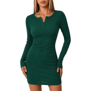 Zeagoo Womens Long Sleeve Sweater Dress 2026 Buttun Up Slim Fit Dress Ribbed Knit Bodycon Dress for Fall Winter(Deep Green)