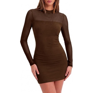 Zeagoo Women’s Mesh Sheer Long Sleeve Dress Ruched Bodycon Mock Neck Dress(Brown)