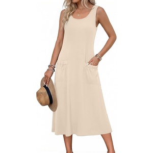 Zeagoo Womens Summer Midi Dresses 2026 Casual Sleeveless Tank Sundresses A Line Crewneck Beach Vacation Dress with Pockets(Beige-wa)