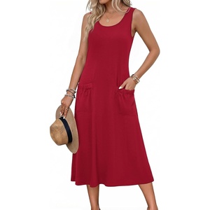 Zeagoo Womens Summer Midi Dresses 2026 Casual Sleeveless Tank Sundresses A Line Crewneck Beach Vacation Dress with Pockets(Red-tr)