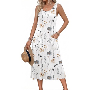 Zeagoo Womens Summer Midi Dresses 2026 Casual Sleeveless Tank Sundresses A Line Crewneck Beach Vacation Dress with Pockets(White Floral-dh6)
