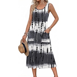 Zeagoo Womens Summer Midi Dresses 2026 Casual Sleeveless Tank Sundresses A Line Crewneck Beach Vacation Dress with Pockets(White-black Pattern-zr231)