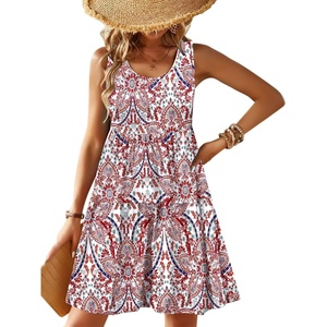 Zeagoo Womens Summer Sundress Boho Floral Casual Tank Dresses with Pockets Sleeveless Tiered Swing A Line Beach Dress(White Red Floral)