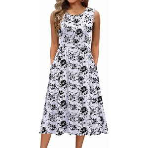 Zeagoo Women’s Summer Tank Midi Dress with Pockets Floral Sleeveless A-Line Casual Loose T-Shirt Dresses Beach Sundress 2026(Black White Floral)