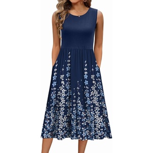 Zeagoo Women’s Summer Tank Midi Dress with Pockets Floral Sleeveless A-Line Casual Loose T-Shirt Dresses Beach Sundress 2026(Navy Blue Floral)