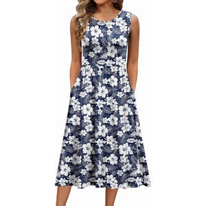 Zeagoo Women’s Summer Tank Midi Dress with Pockets Floral Sleeveless A-Line Casual Loose T-Shirt Dresses Beach Sundress 2026(Navy White Floral)