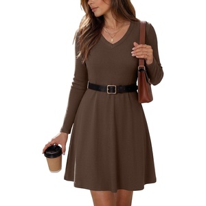 Zeagoo Women’s Sweater Dress Ribbed Knit V Neck Short Casual Dress(Brown)