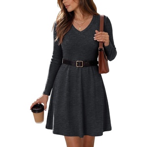 Zeagoo Women’s Sweater Dress Ribbed Knit V Neck Short Casual Dress(Dark Grey)