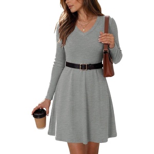 Zeagoo Women’s Sweater Dress Ribbed Knit V Neck Short Casual Dress(Light Grey)