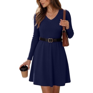 Zeagoo Women’s Sweater Dress Ribbed Knit V Neck Short Casual Dress(Navy Blue)