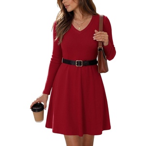 Zeagoo Women’s Sweater Dress Ribbed Knit V Neck Short Casual Dress(Red)
