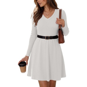 Zeagoo Women’s Sweater Dress Ribbed Knit V Neck Short Casual Dress(White)