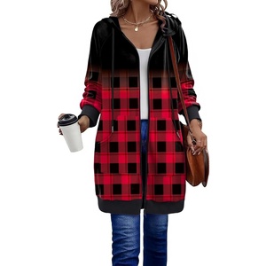 Zeagoo Women’s Zip Up Hoodies Long Sleeve Long Tunic Sweatshirts Oversized(Grid Print)