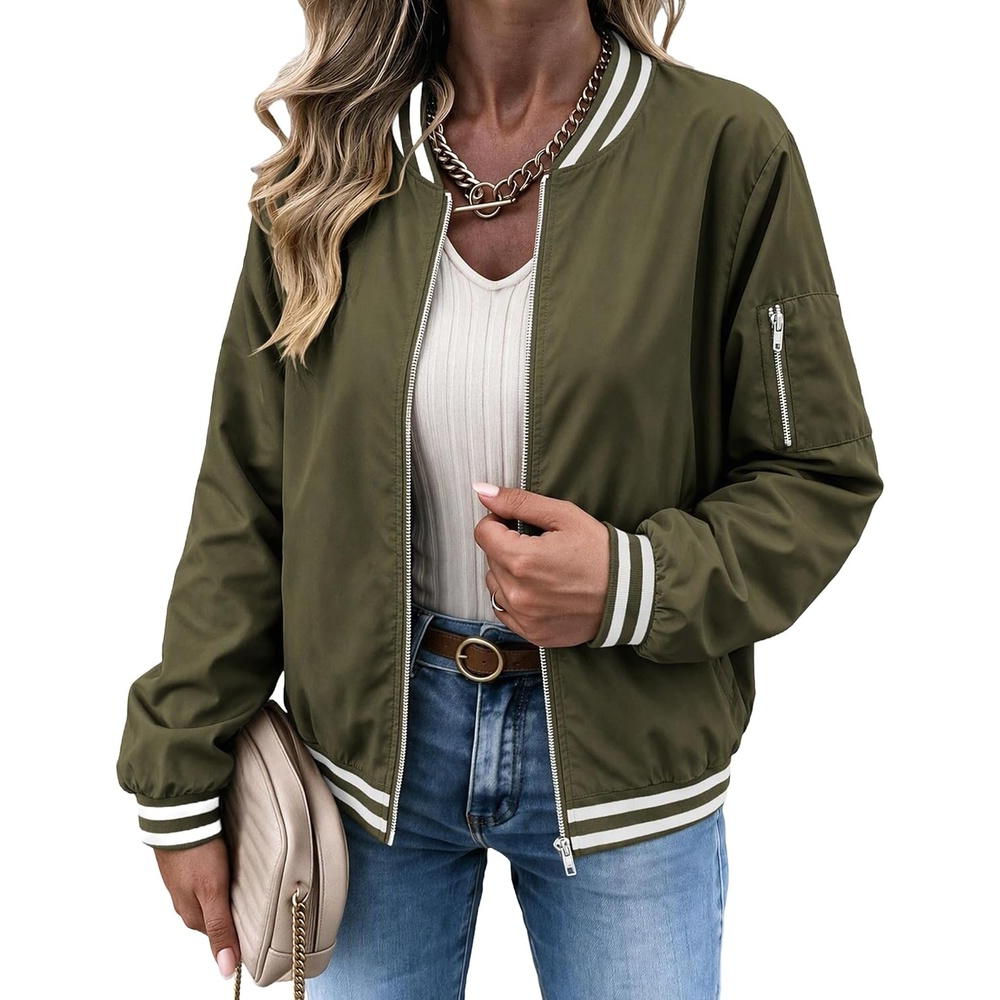 image:imageZeagoo Women Bomber Jacket Casual Coats Spring Fall Clothes with PocketsArmy Green Stripes