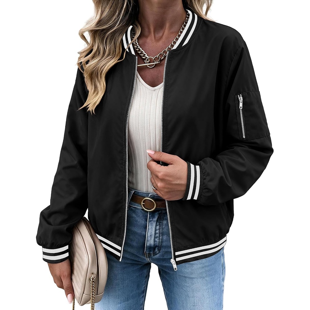 image:imageZeagoo Women Bomber Jacket Casual Coats Spring Fall Clothes with PocketsBlack Stripes
