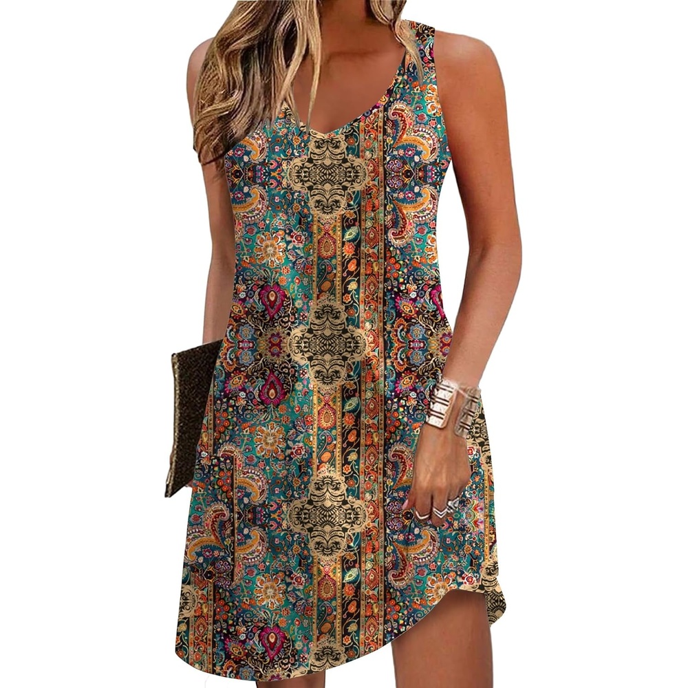 image:imageZeagoo Womens Summer Dress 2026 Loose V Neck Sleeveless Sundresses Swimsuit Coverup with Pockets Floral Tank DressesPrinted1