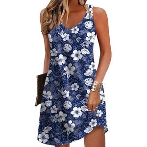Zeagoo Womens Summer Dress 2026 Loose V Neck Sleeveless Sundresses Swimsuit Coverup with Pockets Floral Tank Dresses(Blue Leaf Print)