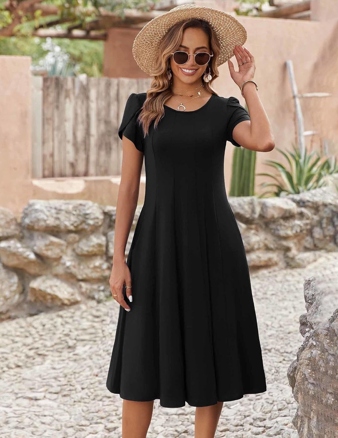 image:imageZEAGOO Womens Casual Dresses for Summer Short Sleeve Flare Midi Dress Loose Flowy Beach Sundress2501 Ablack