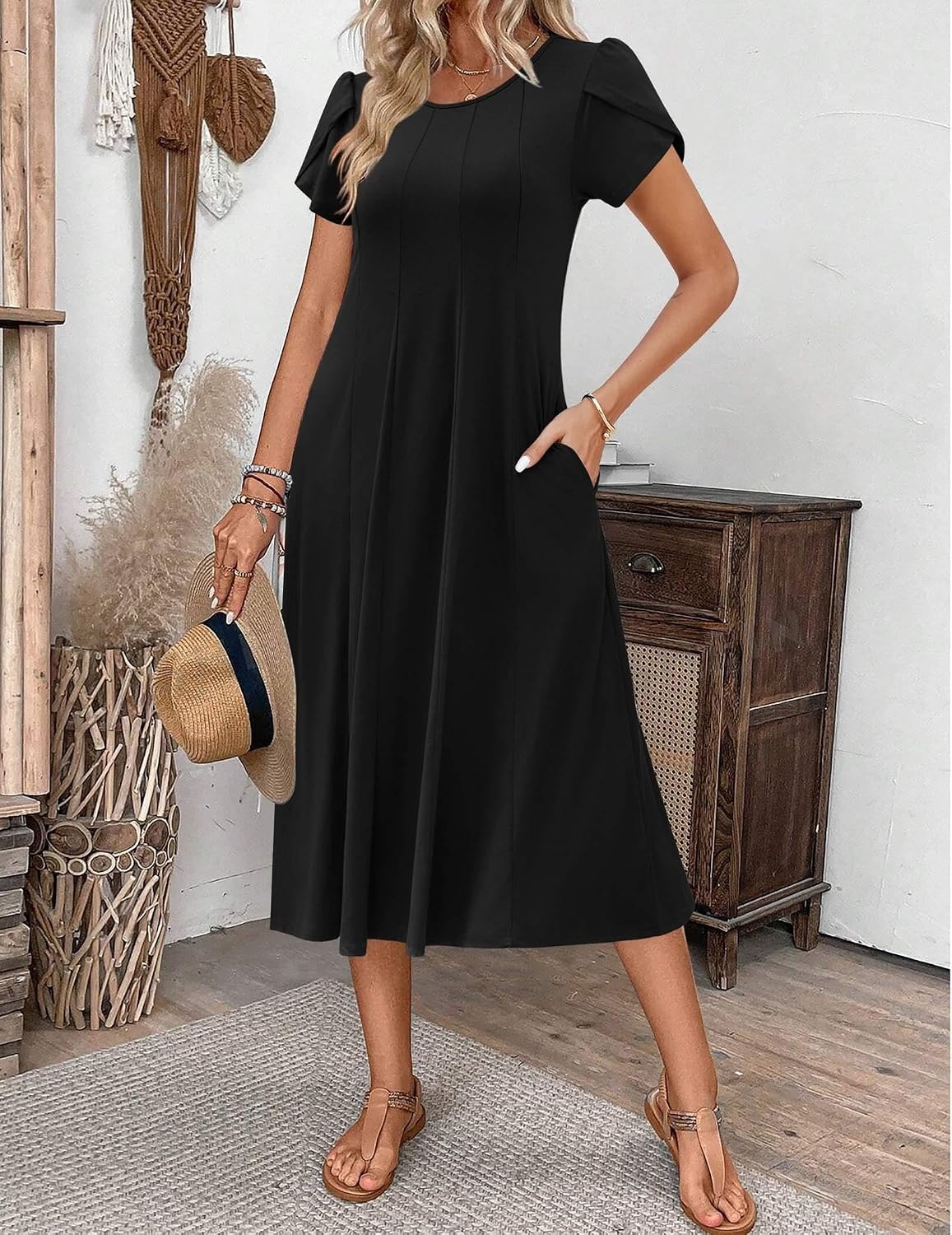 image:imageZEAGOO Womens Casual Dresses for Summer Short Sleeve Flare Midi Dress Loose Flowy Beach Sundress2501 Ablack