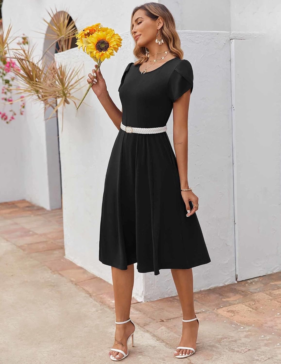 image:imageZEAGOO Womens Casual Dresses for Summer Short Sleeve Flare Midi Dress Loose Flowy Beach Sundress2501 Ablack