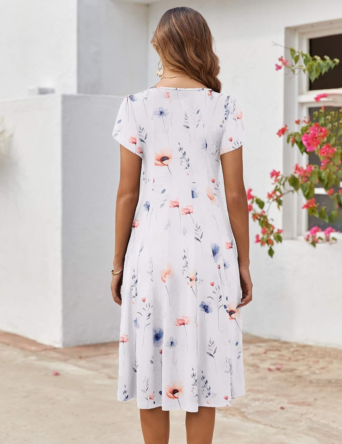 image:imageZEAGOO Womens Casual Dresses for Summer Short Sleeve Flare Midi Dress Loose Flowy Beach Sundress2501 White Floral