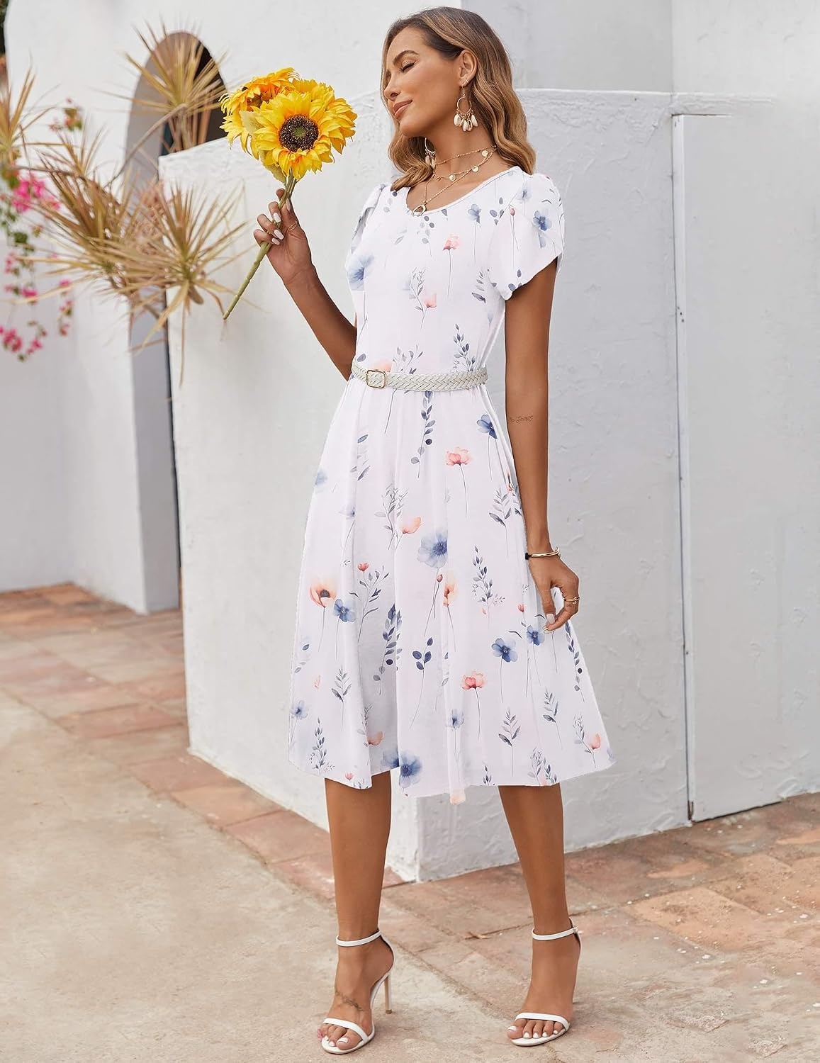 image:imageZEAGOO Womens Casual Dresses for Summer Short Sleeve Flare Midi Dress Loose Flowy Beach Sundress2501 White Floral