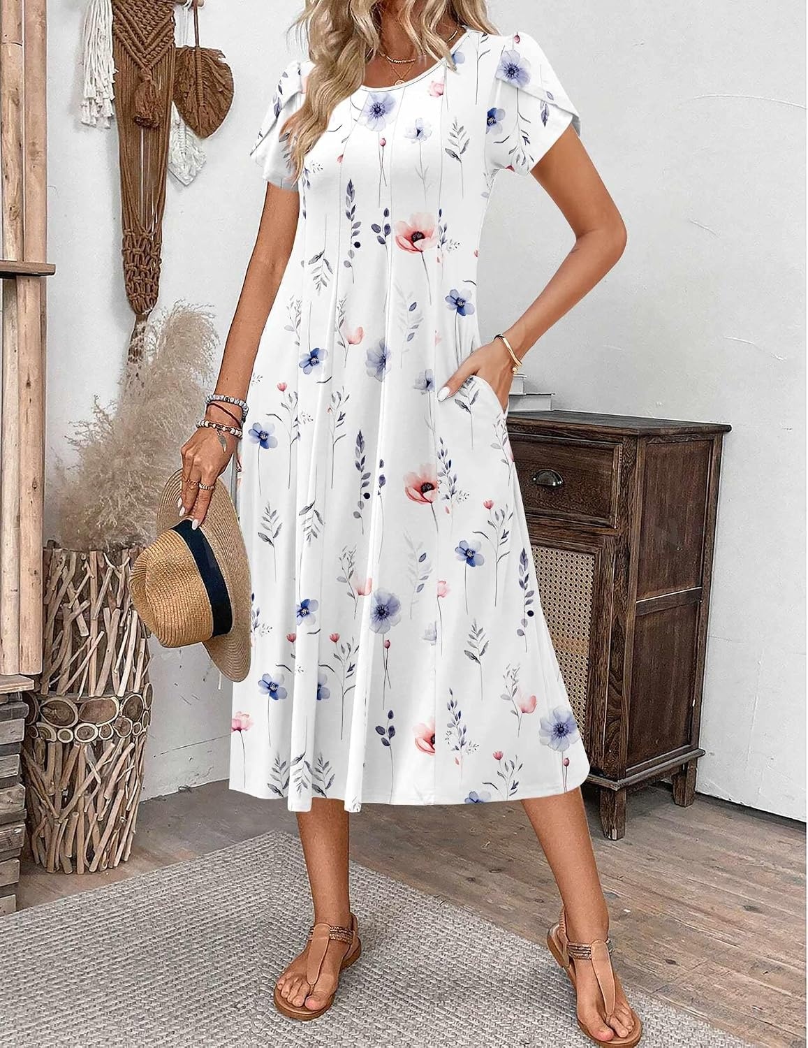 image:imageZEAGOO Womens Casual Dresses for Summer Short Sleeve Flare Midi Dress Loose Flowy Beach Sundress2501 White Floral