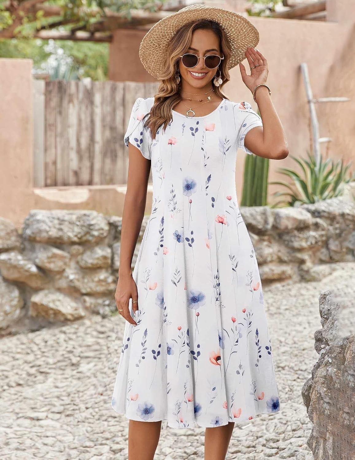 image:imageZEAGOO Womens Casual Dresses for Summer Short Sleeve Flare Midi Dress Loose Flowy Beach Sundress2501 White Floral