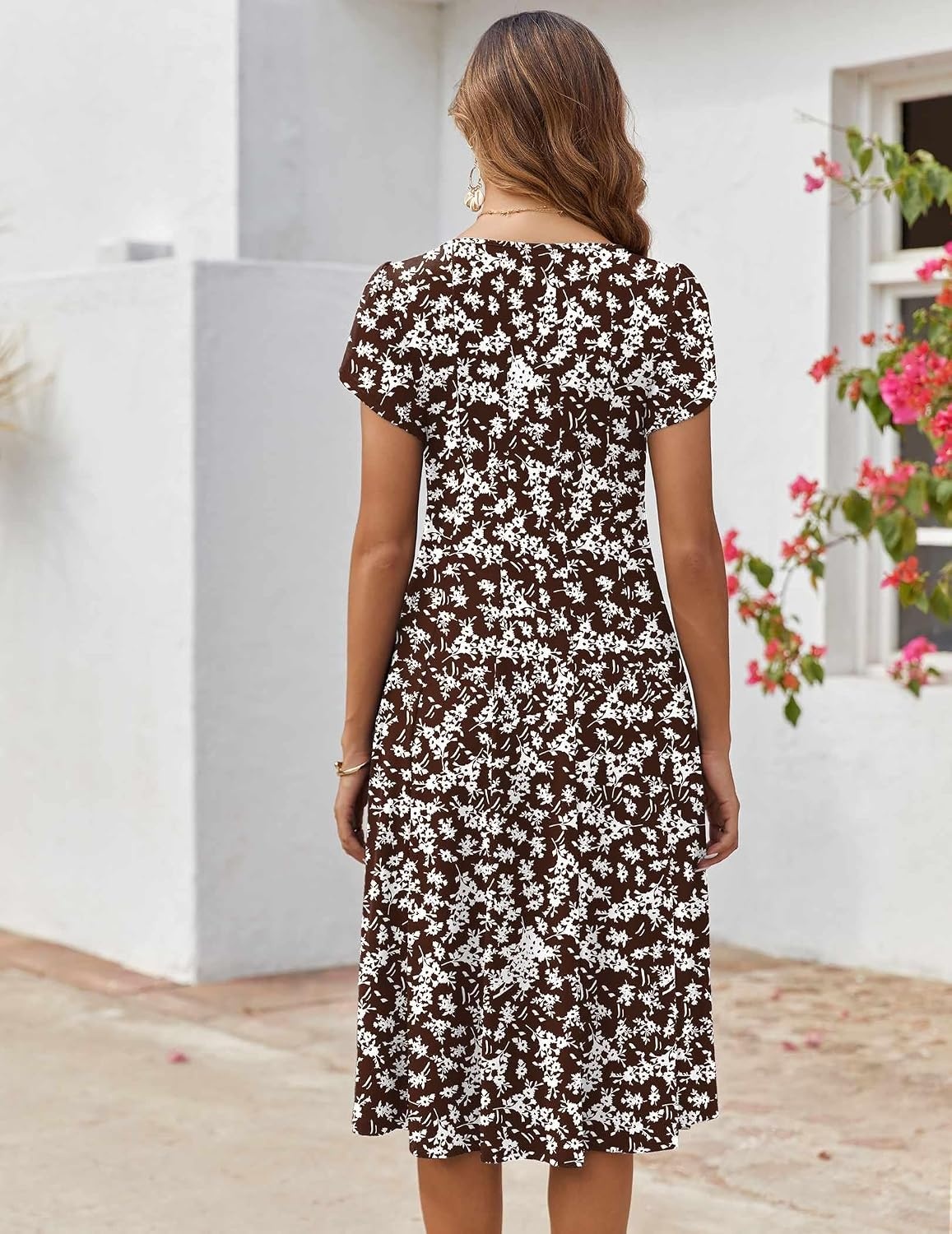 image:imageZEAGOO Womens Casual Dresses for Summer Short Sleeve Flare Midi Dress Loose Flowy Beach Sundress2601 Brown Floral
