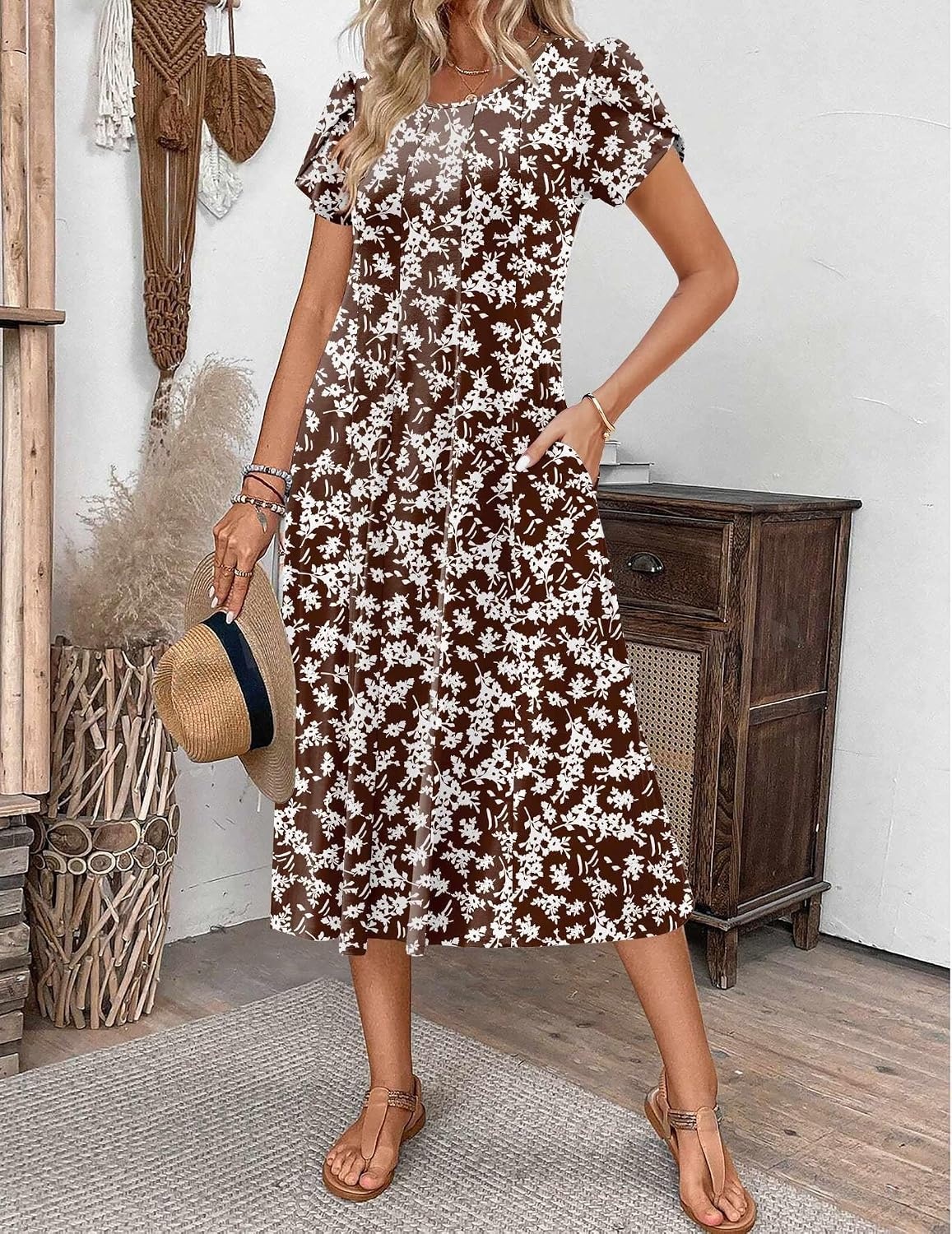 image:imageZEAGOO Womens Casual Dresses for Summer Short Sleeve Flare Midi Dress Loose Flowy Beach Sundress2601 Brown Floral