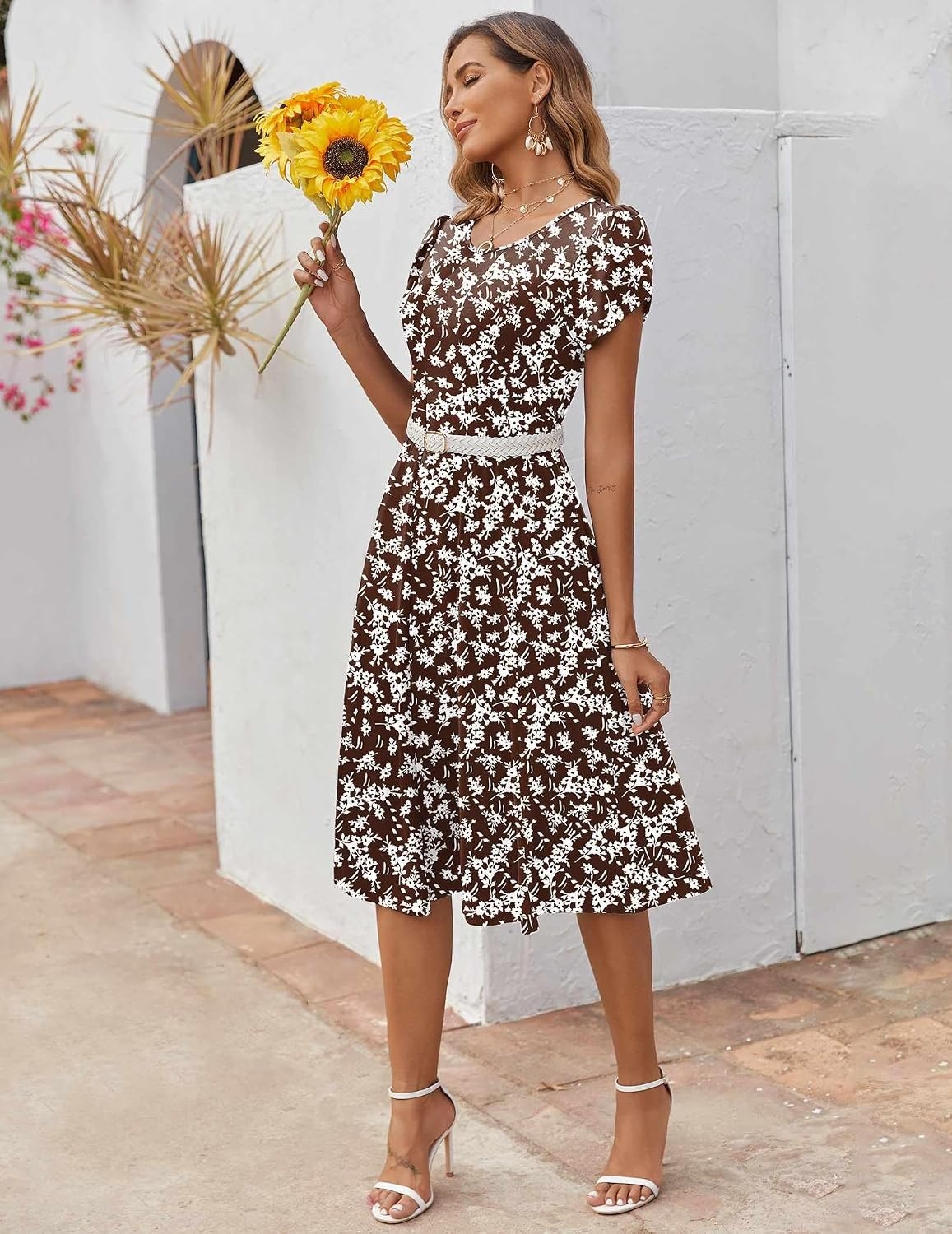 image:imageZEAGOO Womens Casual Dresses for Summer Short Sleeve Flare Midi Dress Loose Flowy Beach Sundress2601 Brown Floral