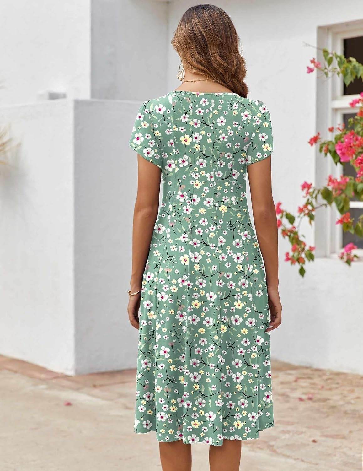 image:imageZEAGOO Womens Casual Dresses for Summer Short Sleeve Flare Midi Dress Loose Flowy Beach Sundress2601 Green Floral