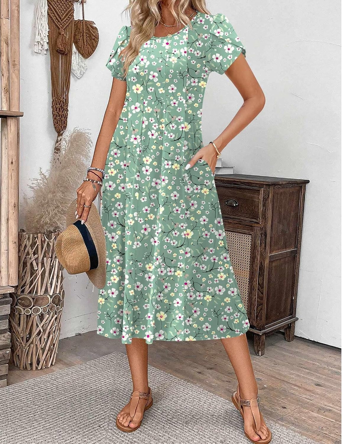 image:imageZEAGOO Womens Casual Dresses for Summer Short Sleeve Flare Midi Dress Loose Flowy Beach Sundress2601 Green Floral
