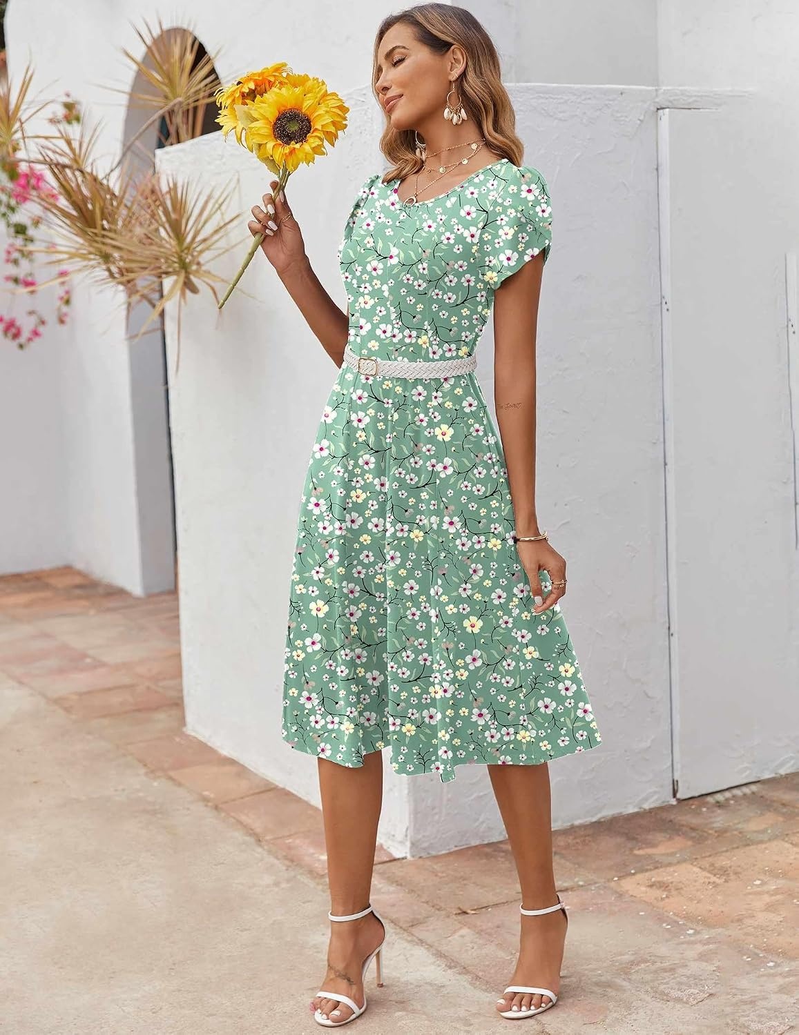 image:imageZEAGOO Womens Casual Dresses for Summer Short Sleeve Flare Midi Dress Loose Flowy Beach Sundress2601 Green Floral