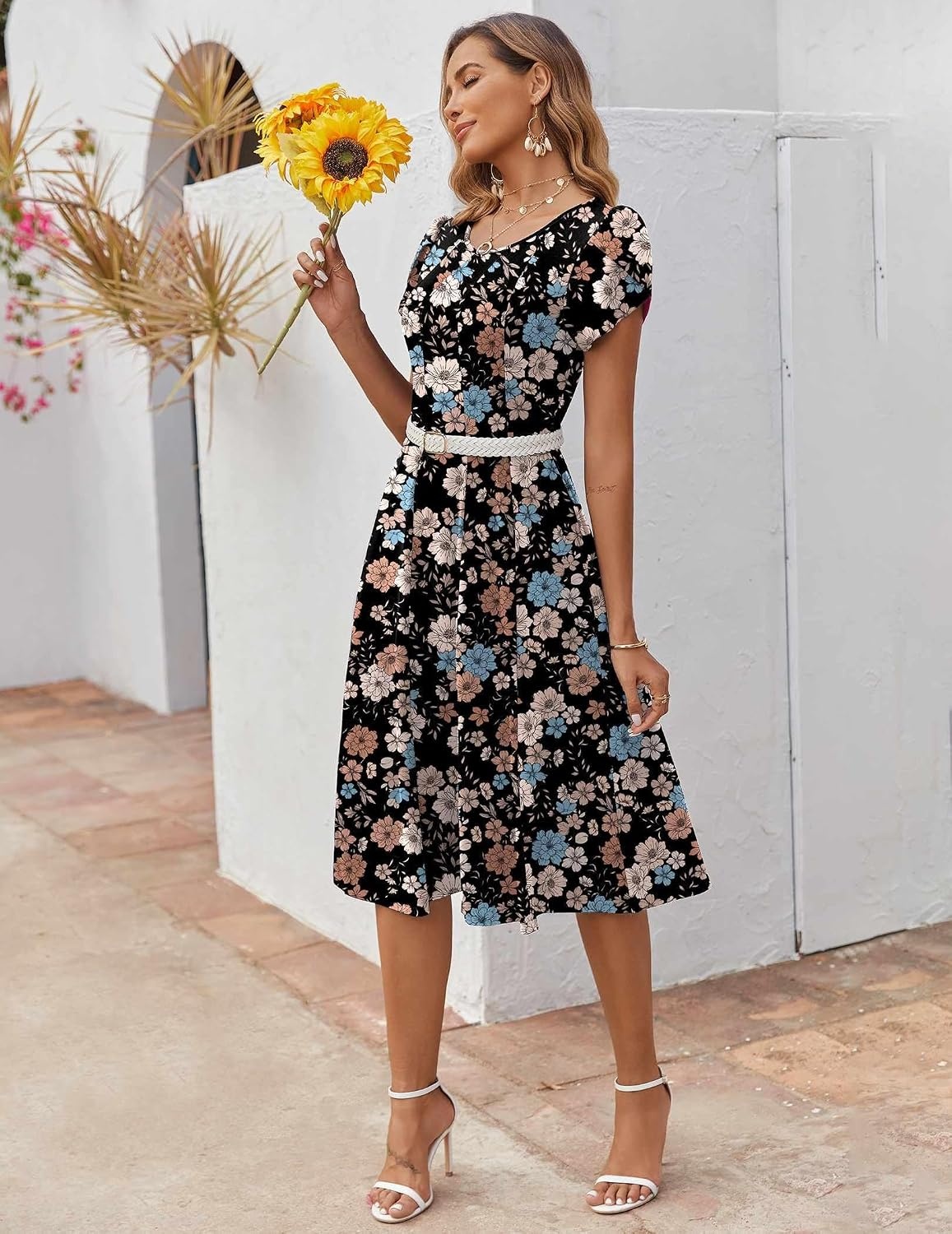 image:imageZEAGOO Womens Casual Dresses for Summer Short Sleeve Flare Midi Dress Loose Flowy Beach Sundress2601 Mixed Floral