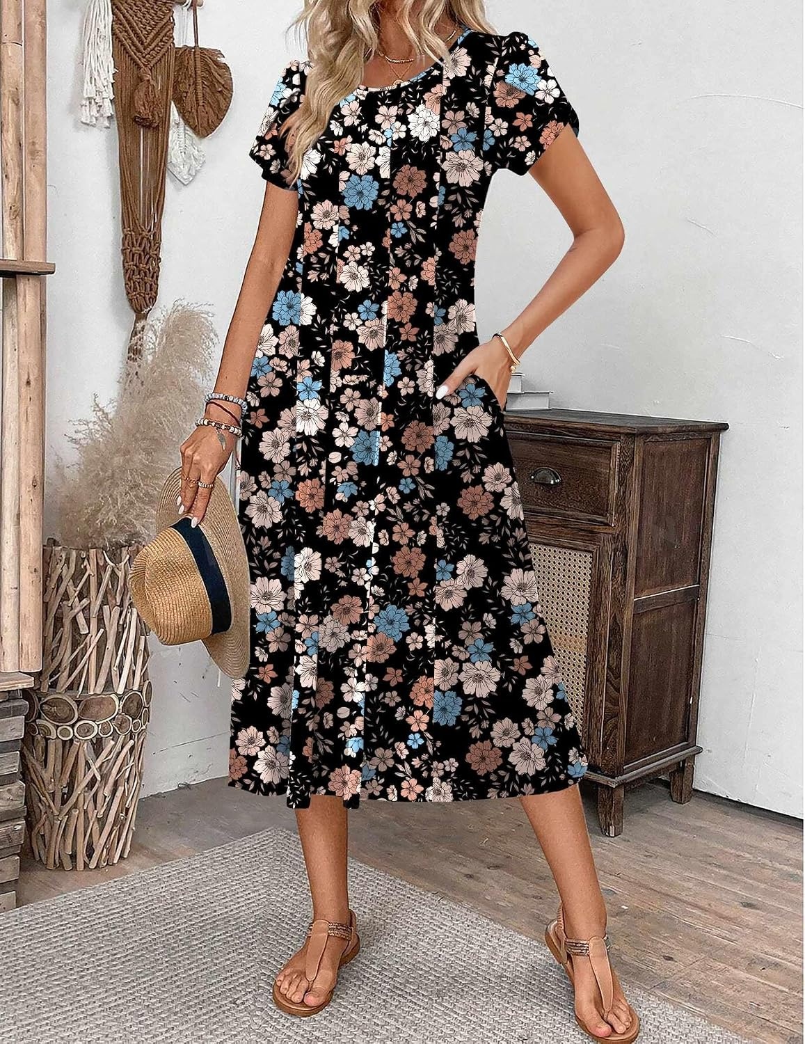 image:imageZEAGOO Womens Casual Dresses for Summer Short Sleeve Flare Midi Dress Loose Flowy Beach Sundress2601 Mixed Floral