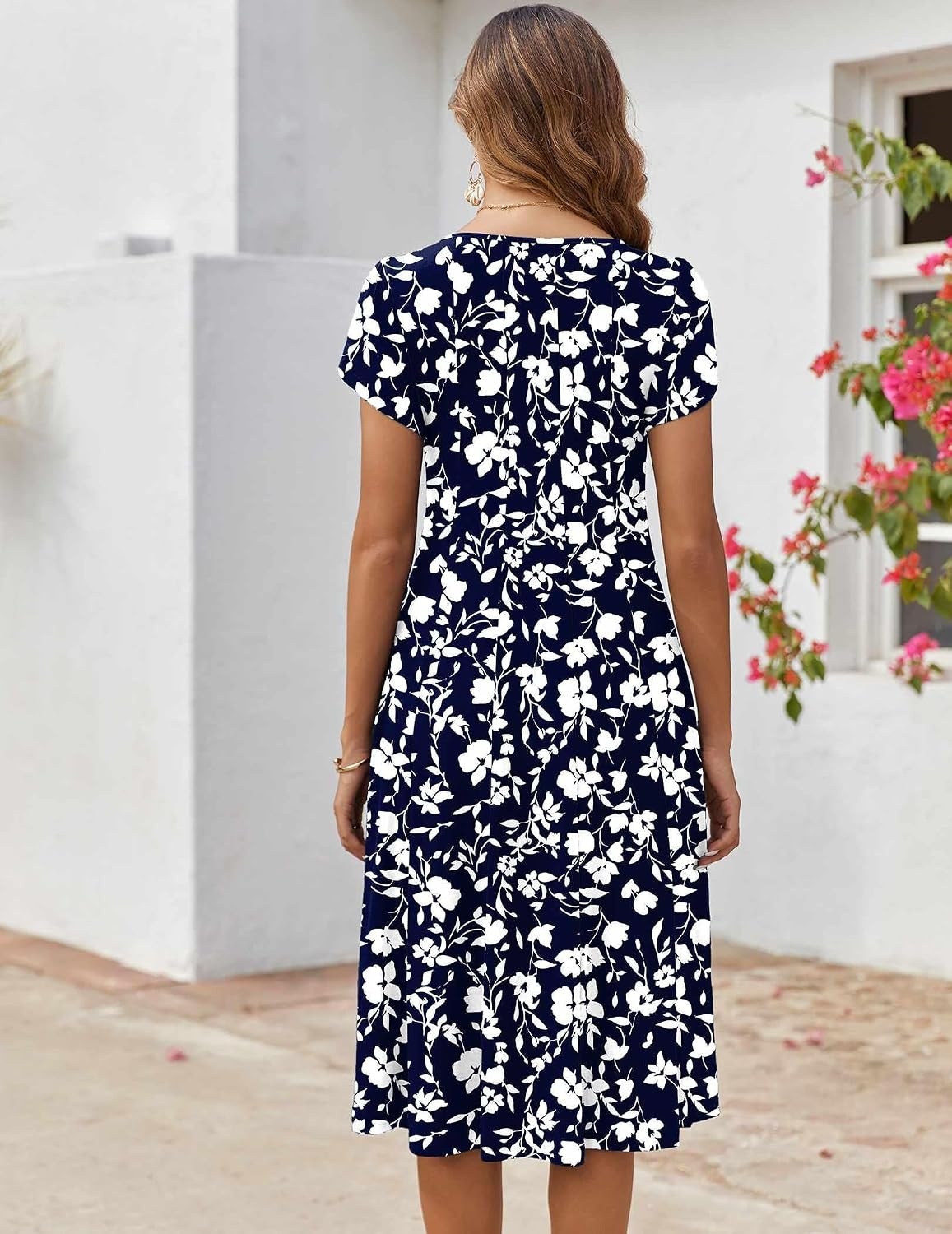 image:imageZEAGOO Womens Casual Dresses for Summer Short Sleeve Flare Midi Dress Loose Flowy Beach Sundress2601 Navy Floral