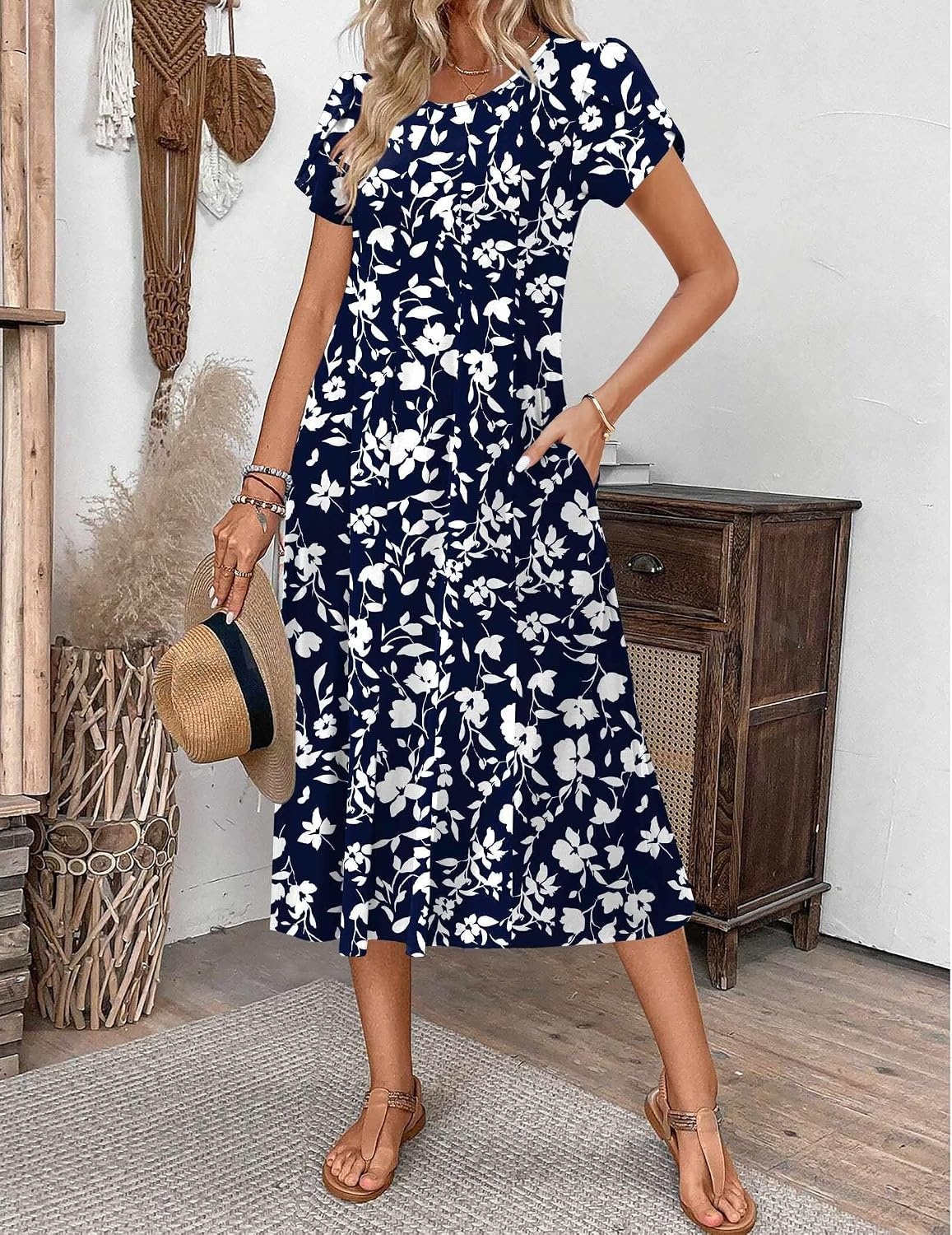image:imageZEAGOO Womens Casual Dresses for Summer Short Sleeve Flare Midi Dress Loose Flowy Beach Sundress2601 Navy Floral