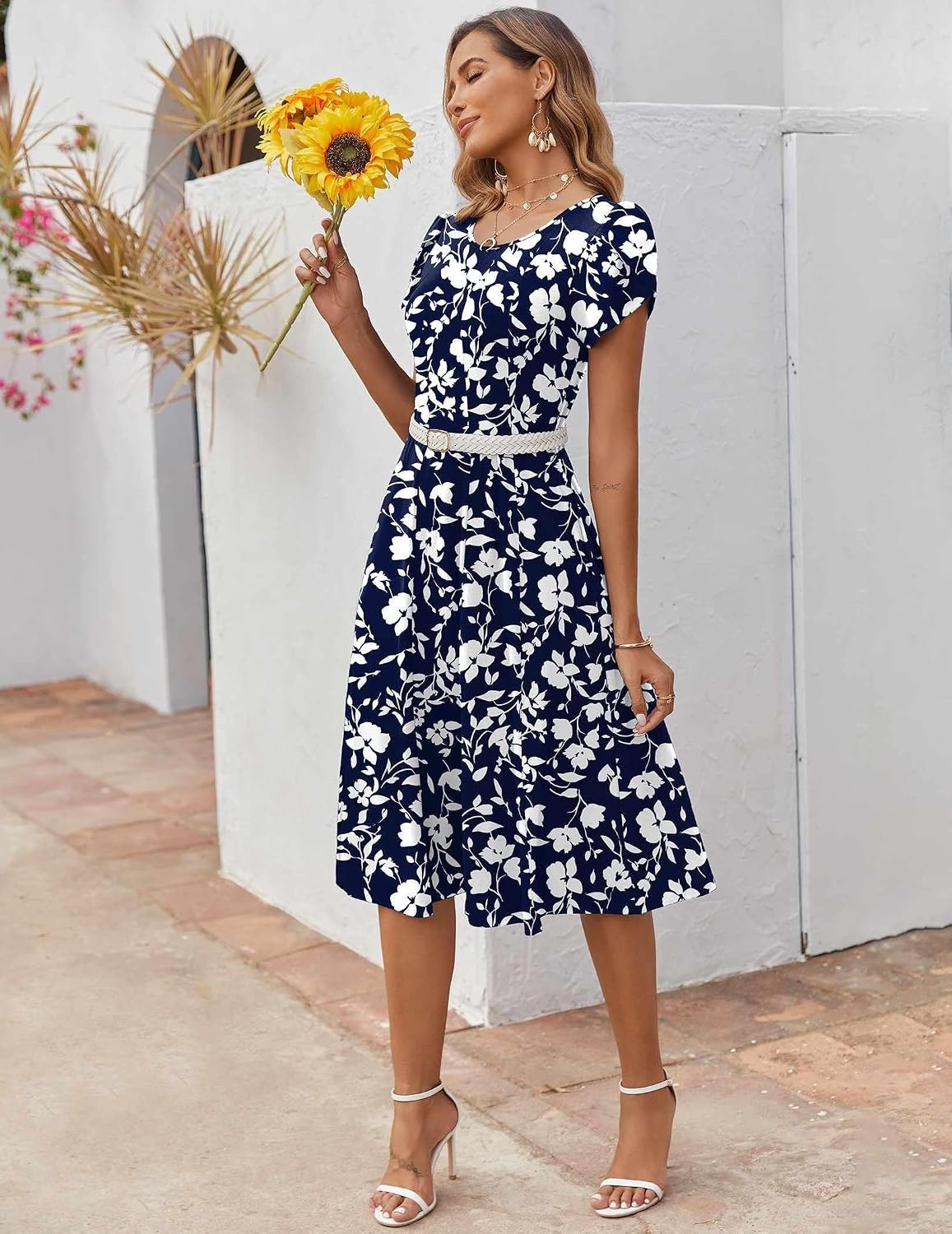 image:imageZEAGOO Womens Casual Dresses for Summer Short Sleeve Flare Midi Dress Loose Flowy Beach Sundress2601 Navy Floral